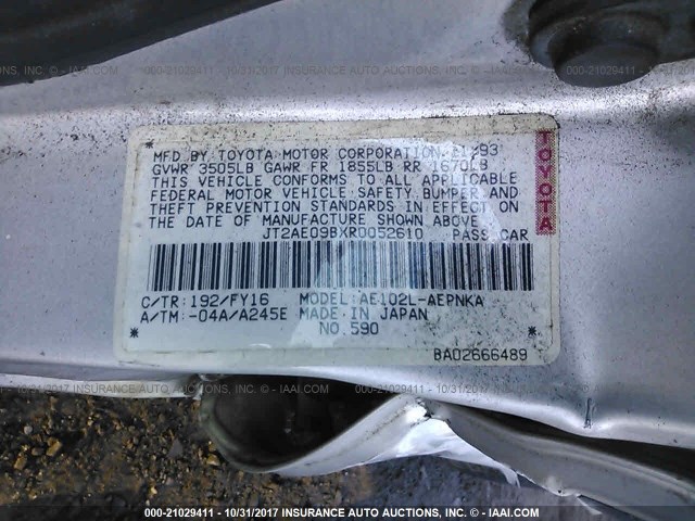 JT2AE09BXR0052610 - 1994 TOYOTA COROLLA LE/DX 灰色 照片 9