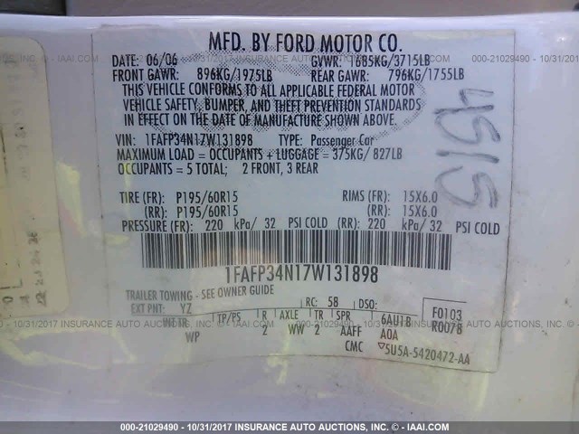 1FAFP34N17W131898 - 2007 FORD FOCUS ZX4/S/SE/SES 白色 照片 9