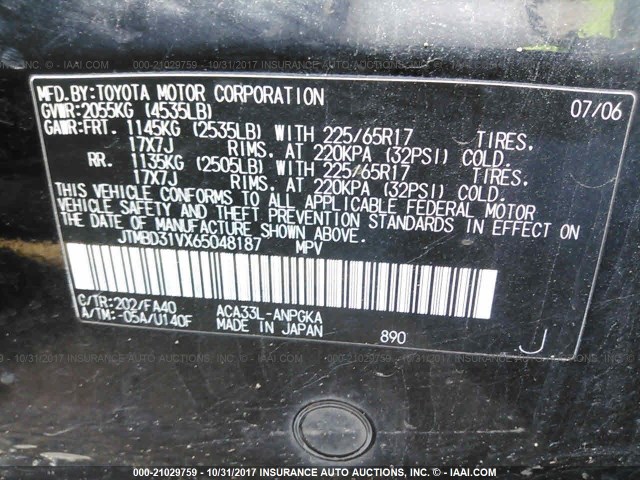 JTMBD31VX65048187 - 2006 TOYOTA RAV4 LIMITED BLACK photo 9