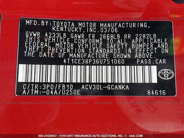 4T1CE38P36U751060 - 2006 TOYOTA CAMRY SOLARA SE/SLE წითელი ფოტო 9