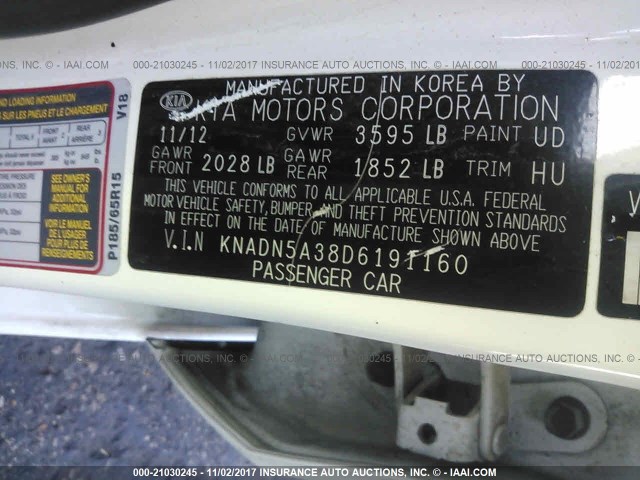 KNADN5A38D6191160 - 2013 KIA RIO EX/SX WHITE photo 9