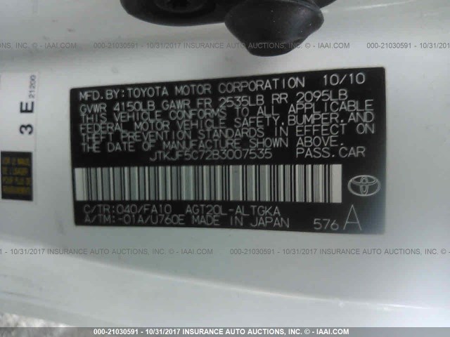 JTKJF5C72B3007535 - 2011 TOYOTA SCION TC 白色 照片 9