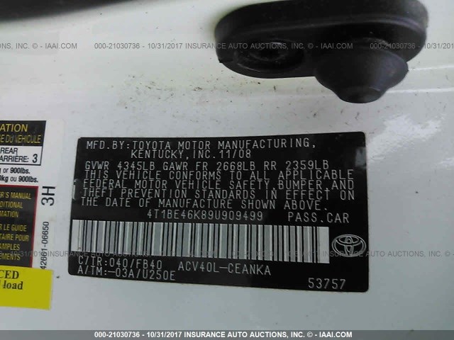 4T1BE46K89U909499 - 2009 TOYOTA CAMRY SE/LE/XLE WHITE photo 9
