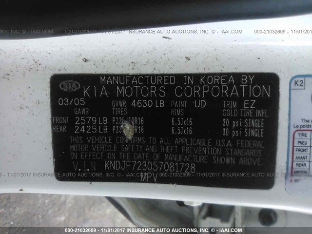 KNDJF723057081728 - 2005 KIA NEW SPORTAGE  WHITE photo 9