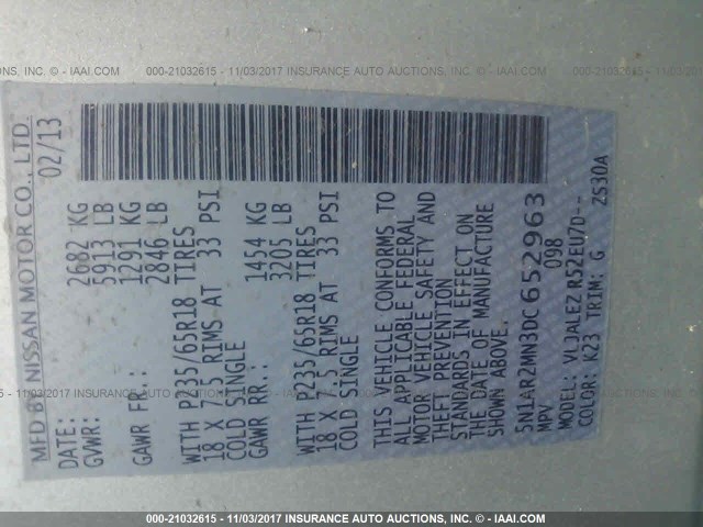 5N1AR2MN3DC652963 - 2013 NISSAN PATHFINDER S/SV/SL/PLATINUM 银色 照片 9