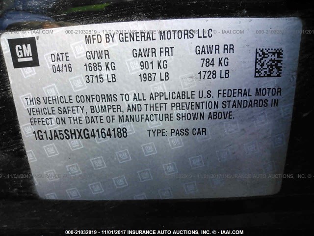 1G1JA5SHXG4164188 - 2016 CHEVROLET SONIC LS შავი ფოტო 9