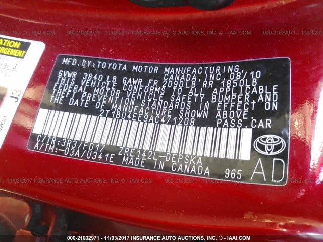 2T1BU4EE9AC471208 - 2010 TOYOTA COROLLA S/LE/XLE RED photo 9