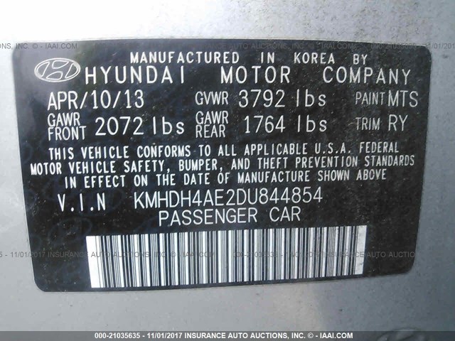 KMHDH4AE2DU844854 - 2013 HYUNDAI ELANTRA GLS/LIMITED SILVER photo 9