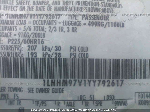 1LNHM97V1YY792617 - 2000 LINCOLN CONTINENTAL  灰色 照片 9