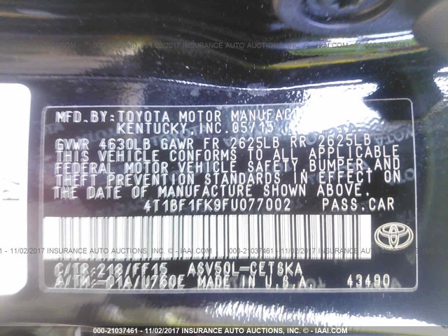 4T1BF1FK9FU077002 - 2015 TOYOTA CAMRY LE/XLE/SE/XSE BLACK photo 9