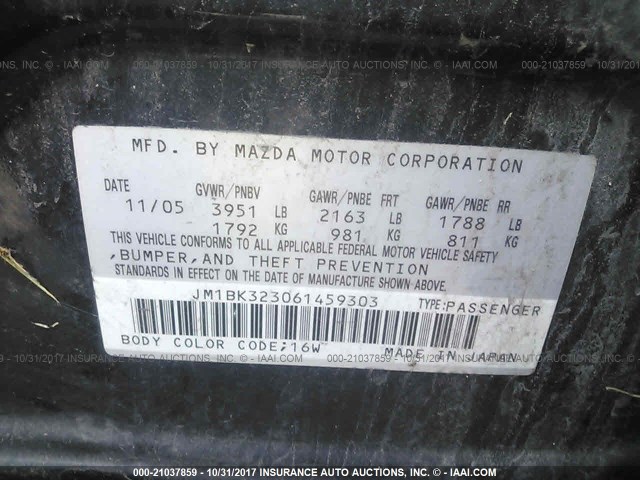 JM1BK323061459303 - 2006 MAZDA 3 S BLACK photo 9