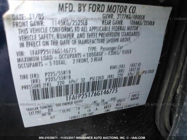 1FAFP25176G146775 - 2006 FORD FIVE HUNDRED LIMITED BLUE photo 9