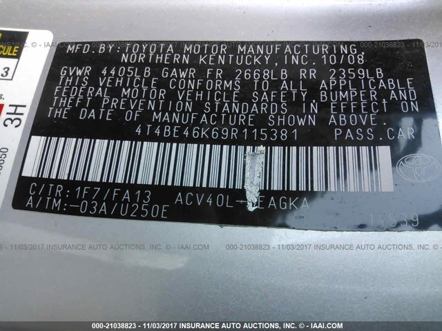 4T4BE46K69R115381 - 2009 TOYOTA CAMRY SE/LE/XLE SILVER photo 9