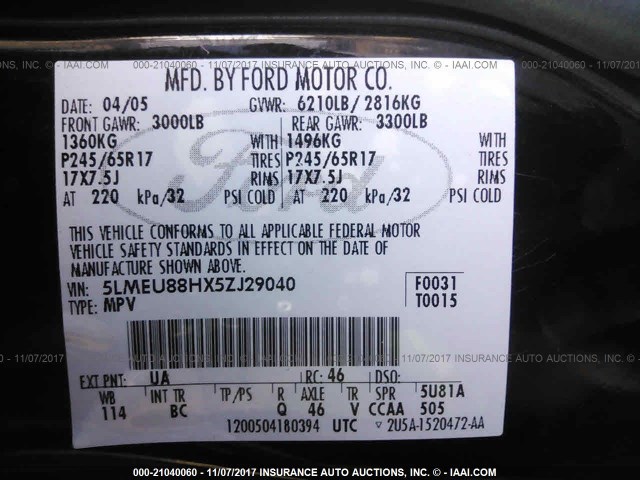 5LMEU88HX5ZJ29040 - 2005 LINCOLN AVIATOR 黑色 照片 9