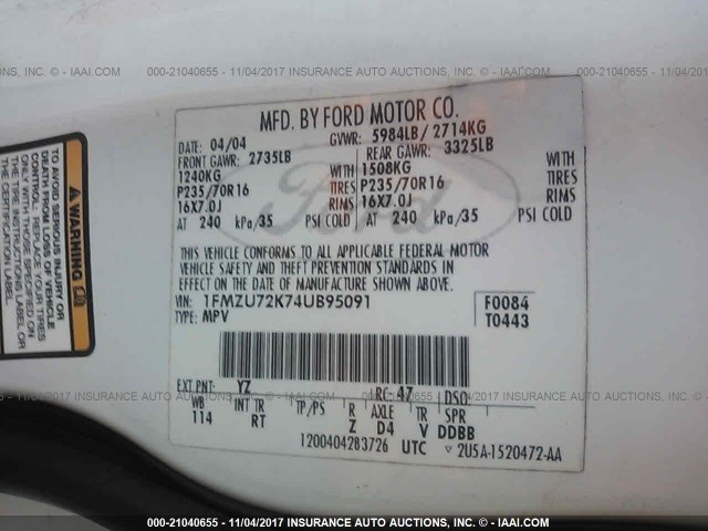 1FMZU72K74UB95091 - 2004 FORD EXPLORER XLS/XLS SPORT WHITE photo 9