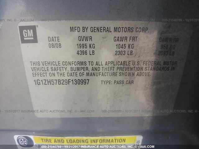 1G1ZH57B29F130997 - 2009 CHEVROLET MALIBU 1LT 银色 照片 9