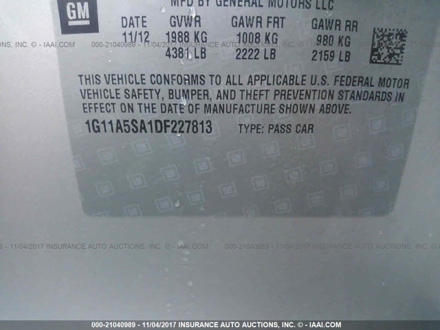 1G11A5SA1DF227813 - 2013 CHEVROLET MALIBU LS ვერცხლისფერი ფოტო 9