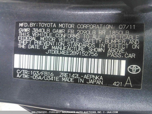 JTDBU4EE2B9152756 - 2011 TOYOTA COROLLA S/LE GRAY photo 9