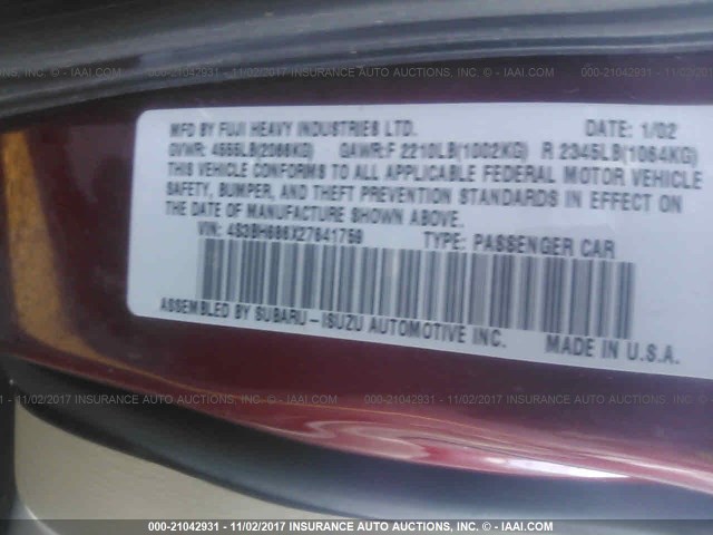4S3BH686X27641759 - 2002 SUBARU LEGACY OUTBACK LIMITED RED photo 9