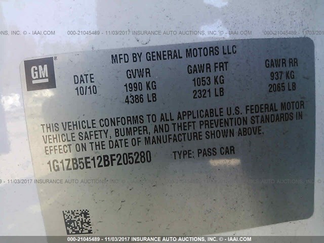 1G1ZB5E12BF205280 - 2011 CHEVROLET MALIBU LS Ağ foto 9