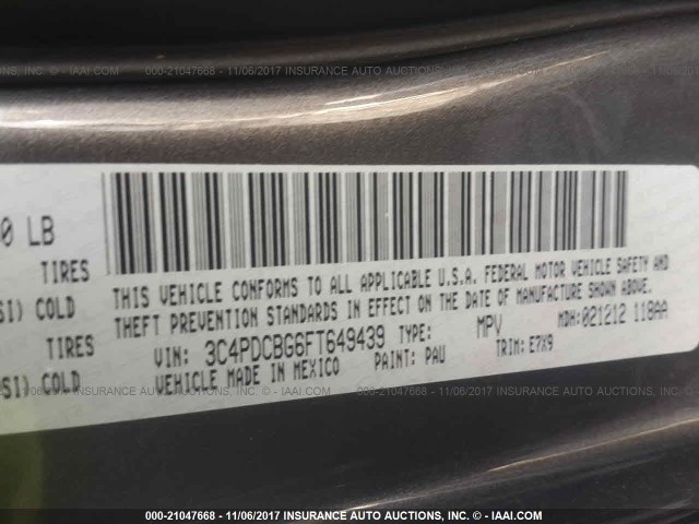 3C4PDCBG6FT649439 - 2015 DODGE JOURNEY SXT GRAY photo 9