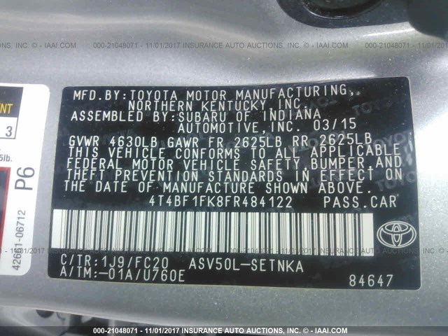 4T4BF1FK8FR484122 - 2015 TOYOTA CAMRY LE/XLE/SE/XSE SILVER photo 9