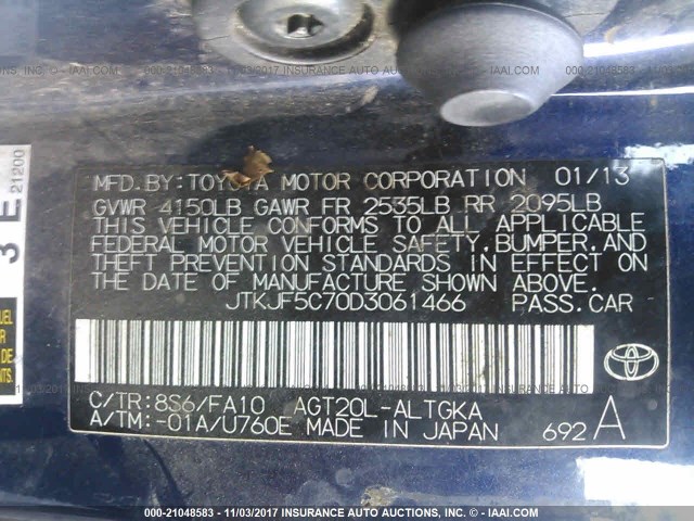 JTKJF5C70D3061466 - 2013 TOYOTA SCION TC 蓝色 照片 9