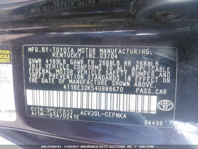 4T1BE32K54U888670 - 2004 TOYOTA CAMRY LE/XLE/SE 深棕色 照片 9