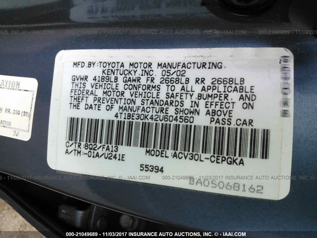 4T1BE30K42U604560 - 2002 TOYOTA CAMRY LE/XLE/SE BLUE photo 9