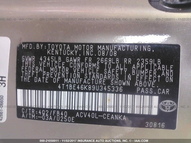 4T1BE46K89U345336 - 2009 TOYOTA CAMRY SE/LE/XLE TAN photo 9