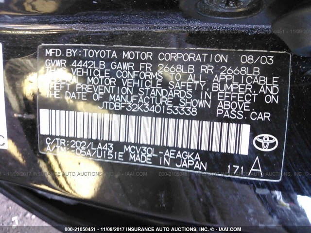 JTDBF32K340153338 - 2004 TOYOTA CAMRY LE/XLE BLACK photo 9