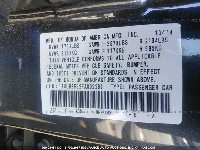 19UUB3F52FA002269 - 2015 ACURA TLX TECH GRAY photo 9