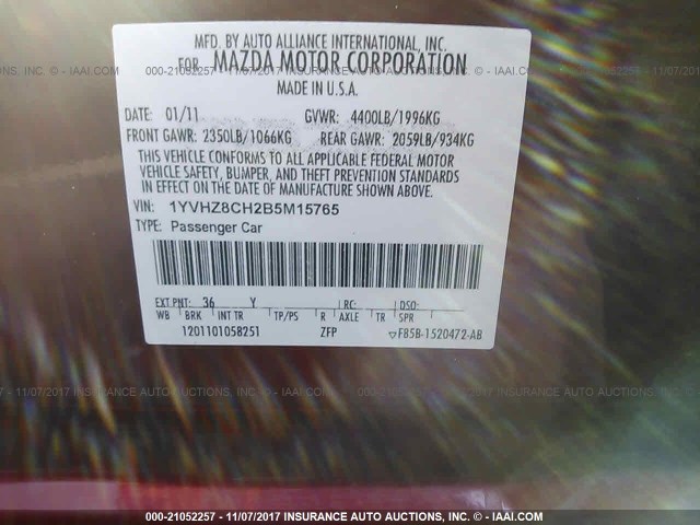 1YVHZ8CH2B5M15765 - 2011 MAZDA 6 I Կարմիր լուսանկար 9