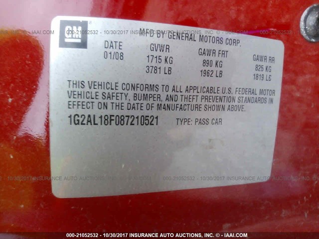 1G2AL18F087210521 - 2008 PONTIAC G5 RED photo 9