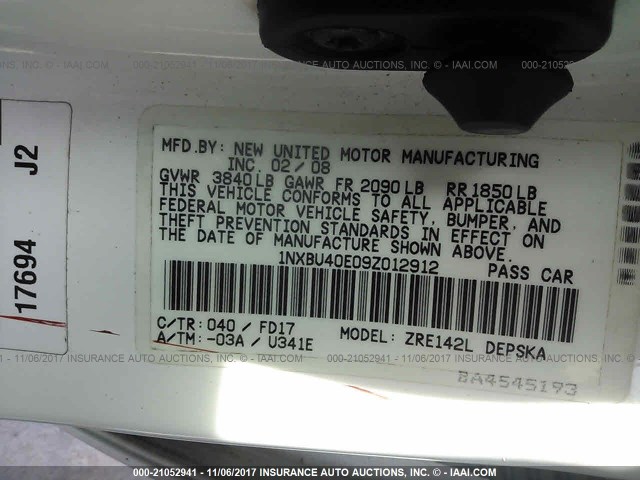 1NXBU40E09Z012912 - 2009 TOYOTA COROLLA S/LE/XLE WHITE photo 9