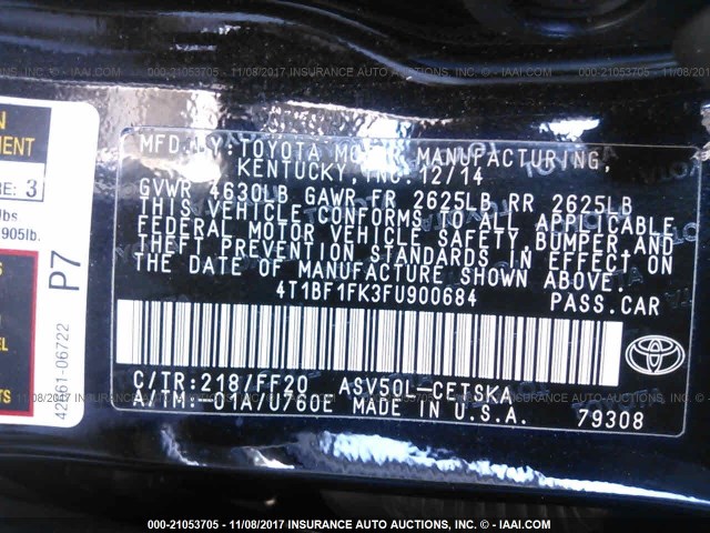 4T1BF1FK3FU900684 - 2015 TOYOTA CAMRY LE/XLE/SE/XSE შავი ფოტო 9