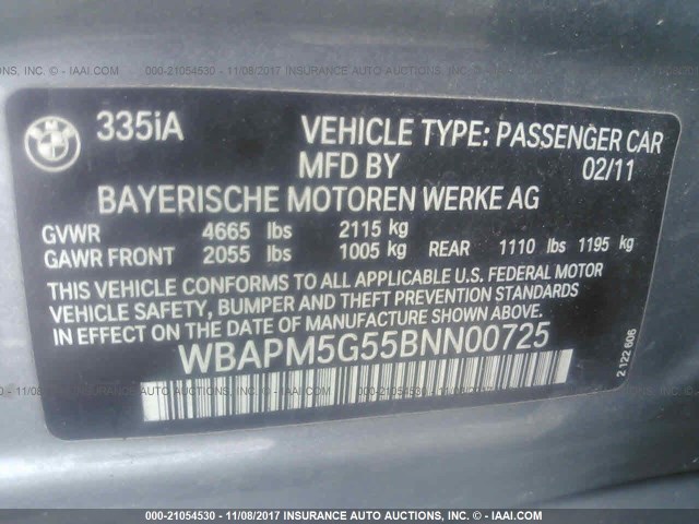 WBAPM5G55BNN00725 - 2011 BMW 335 I GRAY photo 9
