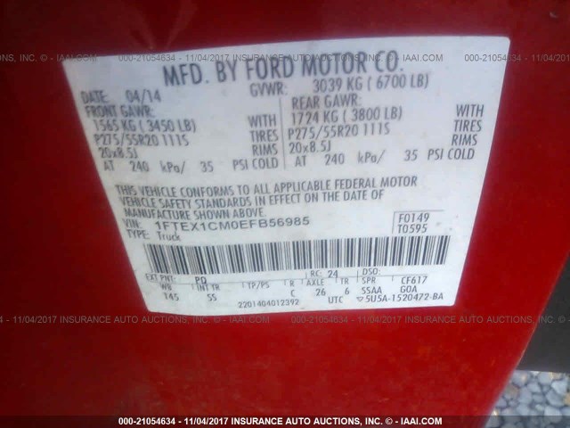 1FTEX1CM0EFB56985 - 2014 FORD F150 SUPER CAB RED photo 9