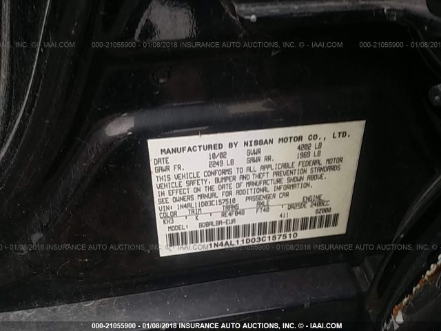 1N4AL11D03C157510 - 2003 NISSAN ALTIMA S/SL BLACK photo 9