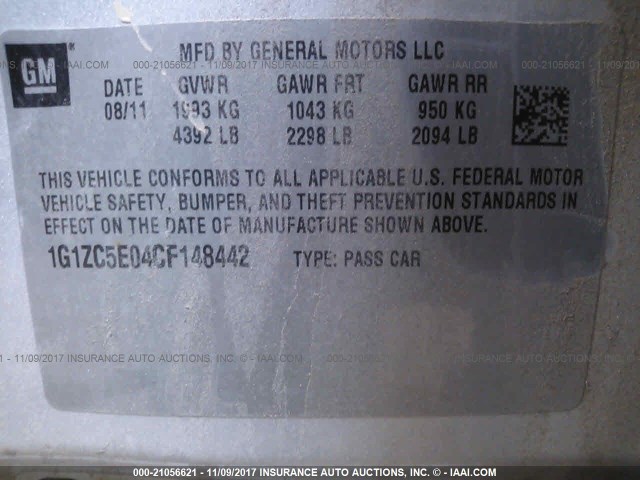 1G1ZC5E04CF148442 - 2012 CHEVROLET MALIBU 1LT 银色 照片 9