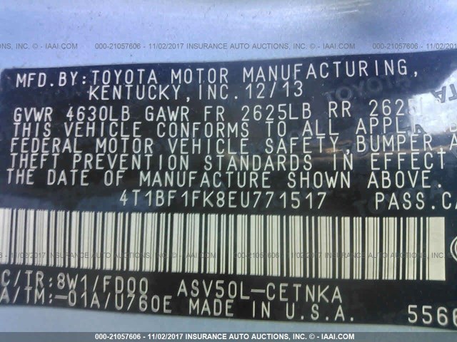 4T1BF1FK8EU771517 - 2014 TOYOTA CAMRY L/SE/LE/XLE 浅蓝色 照片 9