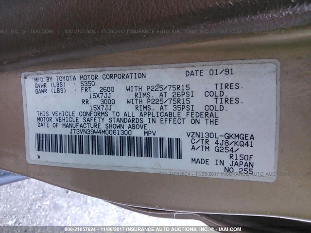 JT3VN39W4M0061300 - 1991 TOYOTA 4RUNNER VN39 SR5 GOLD photo 9