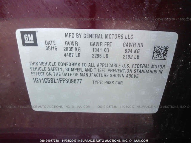 1G11C5SL1FF309877 - 2015 CHEVROLET MALIBU 1LT MAROON photo 9