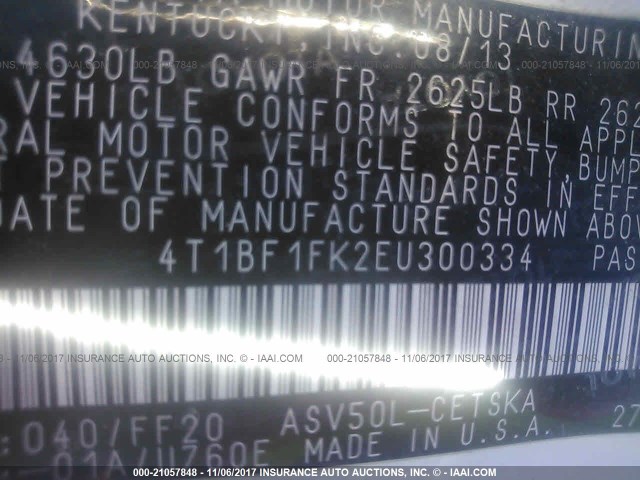 4T1BF1FK2EU300334 - 2014 TOYOTA CAMRY L/SE/LE/XLE 白色 照片 9