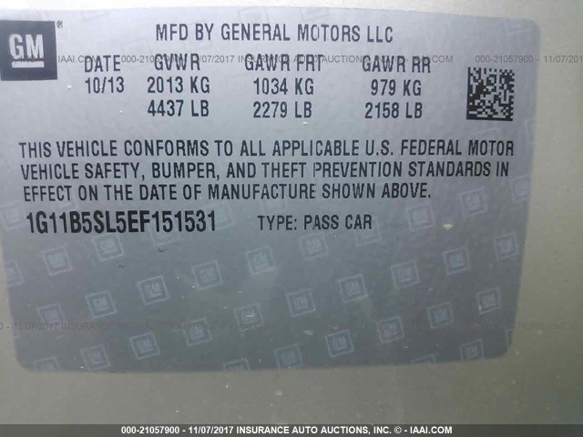 1G11B5SL5EF151531 - 2014 CHEVROLET MALIBU LS 奶油色 照片 9