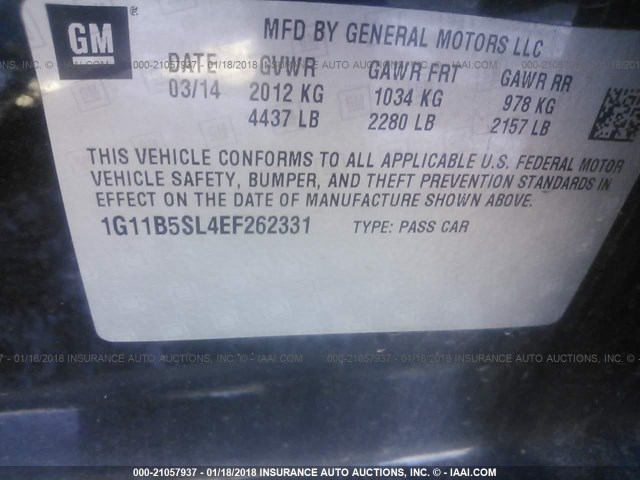 1G11B5SL4EF262331 - 2014 CHEVROLET MALIBU LS 黑色 照片 9