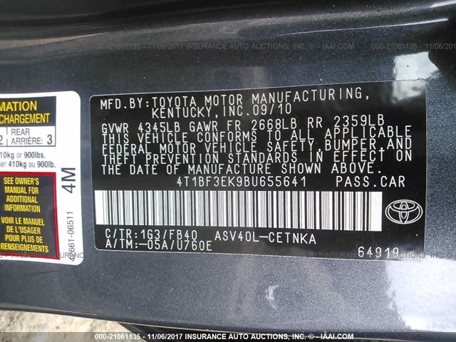 4T1BF3EK9BU655641 - 2011 TOYOTA CAMRY SE/LE/XLE GRAY photo 9