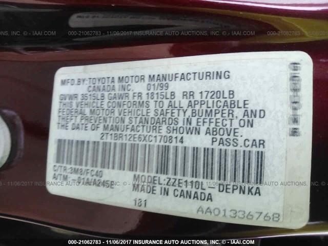 2T1BR12E6XC170814 - 1999 TOYOTA COROLLA VE/CE/LE 栗色 照片 9