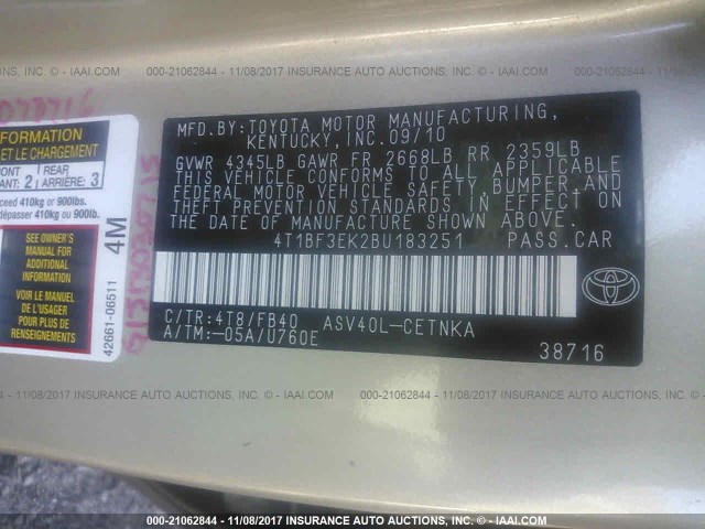 4T1BF3EK2BU183251 - 2011 TOYOTA CAMRY SE/LE/XLE GOLD photo 9