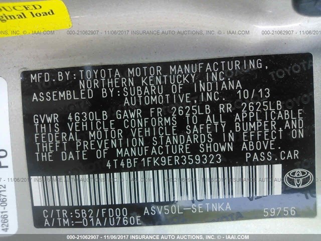 4T4BF1FK9ER359323 - 2014 TOYOTA CAMRY L/SE/LE/XLE 银色 照片 9